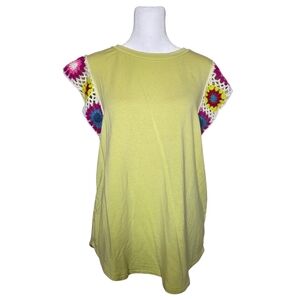 Jodifl Yellow Floral Crochet Cap Sleeve Blouse Round Neck Rayon Spandex Small